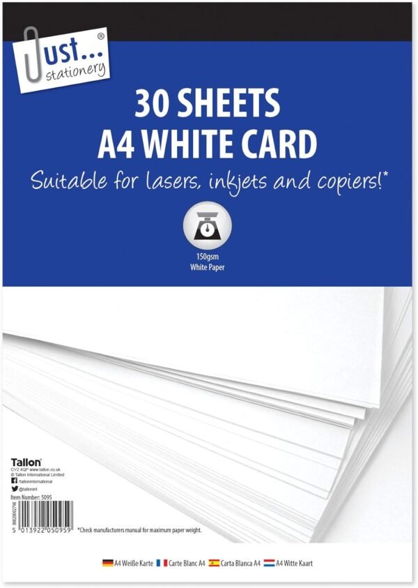 Just Stationery A4 White Card - 150gsm (30 Sheets, Model No: 5095)