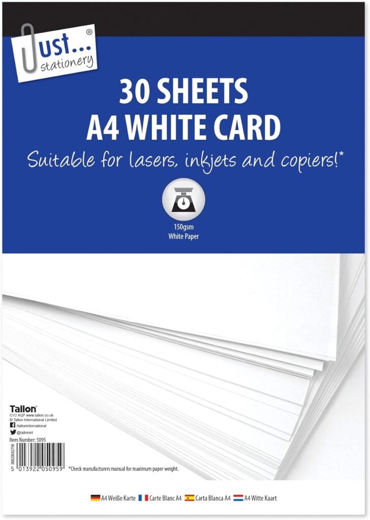 Just Stationery A4 White Card - 150gsm (30 Sheets, Model No: 5095)